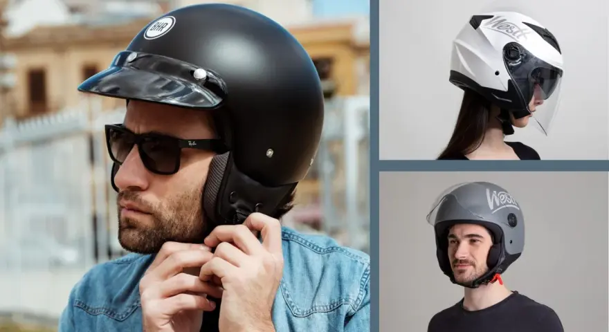 Uomo con casco jet nero e donna con casco demi jet bianco e grigio. Confronto visivo per capire la differenza tra casco jet e demi jet.