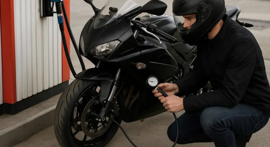 Motociclista controlla la pressione gomme moto 125 con un manometro. La moto è nera, parcheggiata vicino a una pompa di benzina.