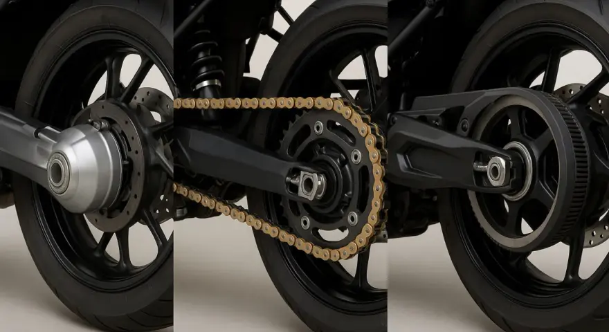 Dettaglio posteriore moto: confronto tra trasmissione a catena dorata e trasmissione a cinghia. Ideale per la sostituzione catena moto.