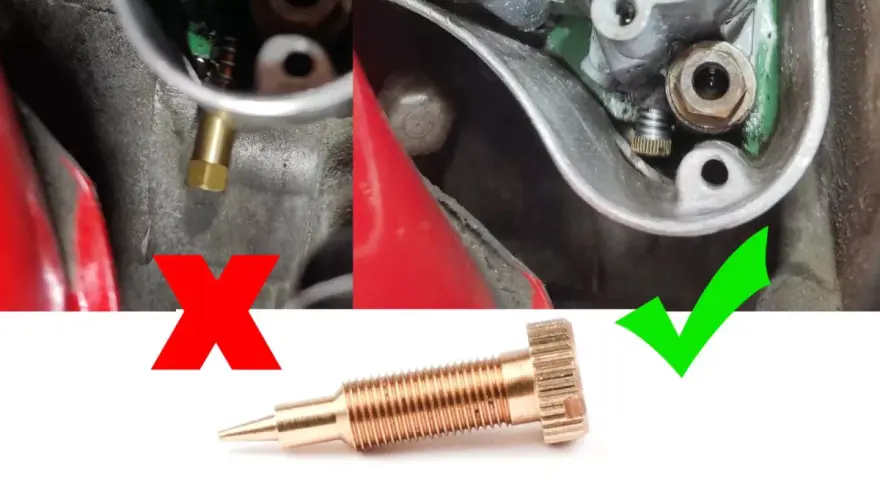 Close-up of a Dell'Orto carburetor air screw, showing correct and incorrect installation with red X and green checkmark.