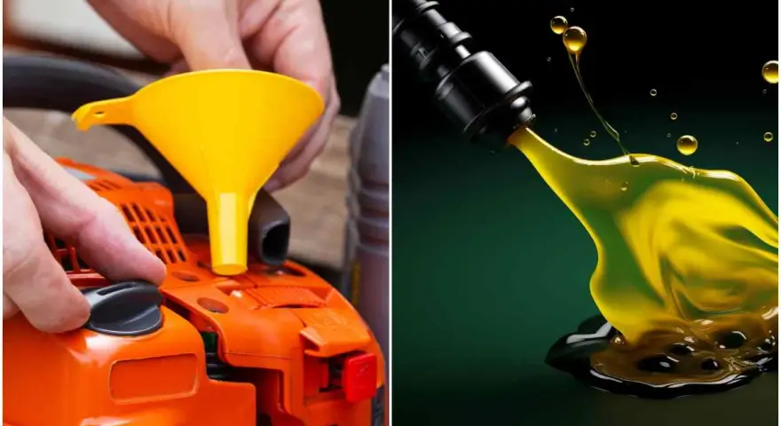 Preparazione miscela al 2% per motosega: versare olio nel serbatoio con imbuto giallo. Olio giallo denso che cola da un beccuccio.