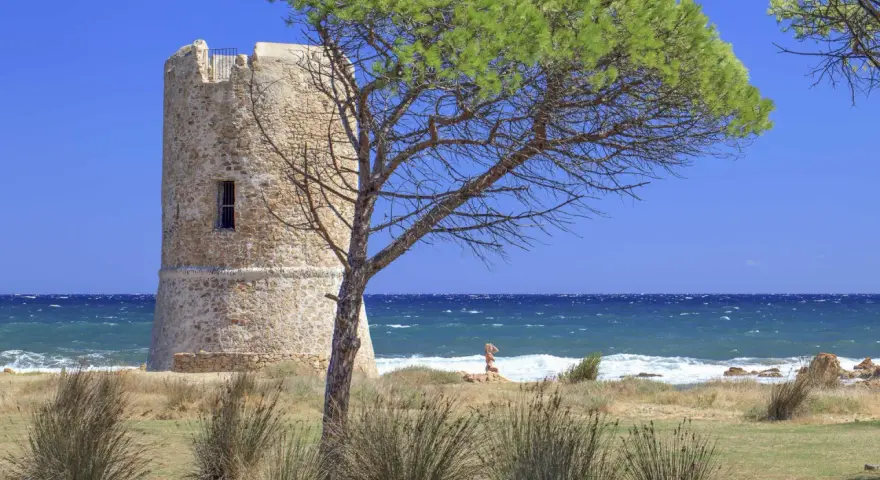 Torre aragonese a San Giovanni di Posada, con pini marittimi e mare in tempesta.