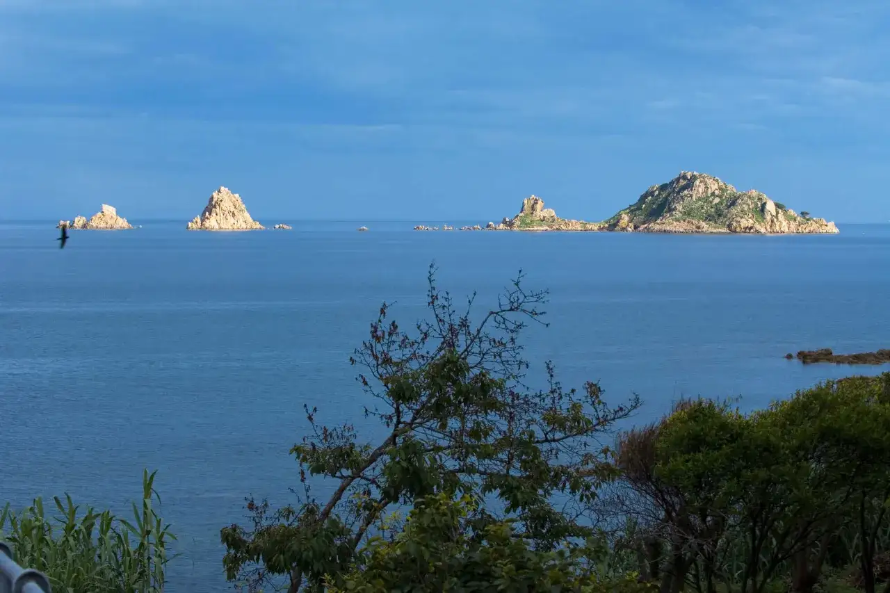 Isole rocciose nel mare blu, un paesaggio da scoprire a Lotzorai. Un uccello vola libero nel cielo.
