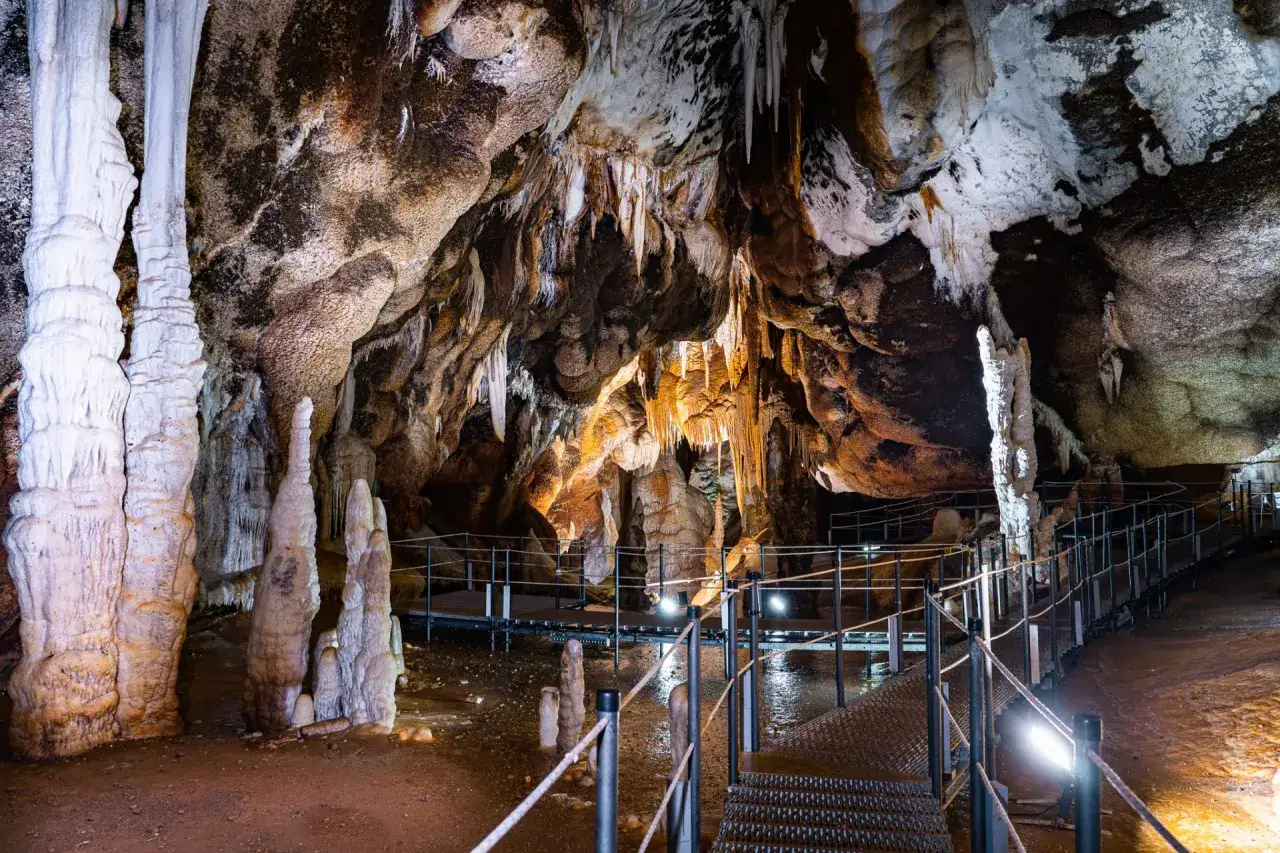 Stupende formazioni calcaree nelle grotte Santa Barbara, con stalattiti e stalagmiti illuminate da luci soffuse. Percorso pedonale per esplorare questo mondo sotterraneo.