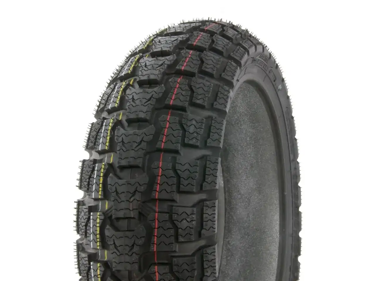 Gomma IRC tyres con battistrada aggressivo e strisce rosse e gialle, ideale per affrontare ogni terreno.
