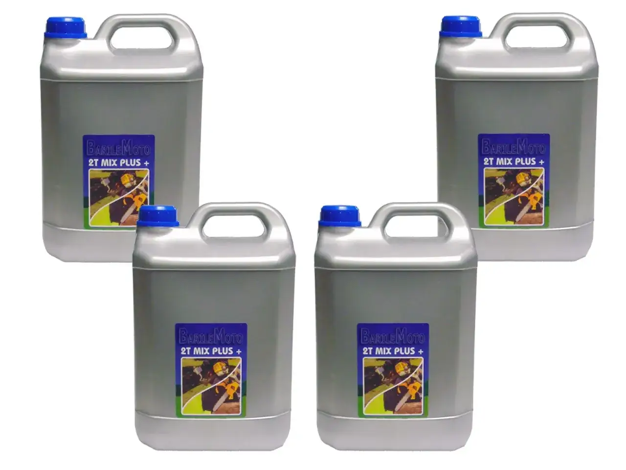 Quattro taniche di olio per miscela 2T Mix Plus, pronte per preparare la miscela al 2% per il tuo motore.