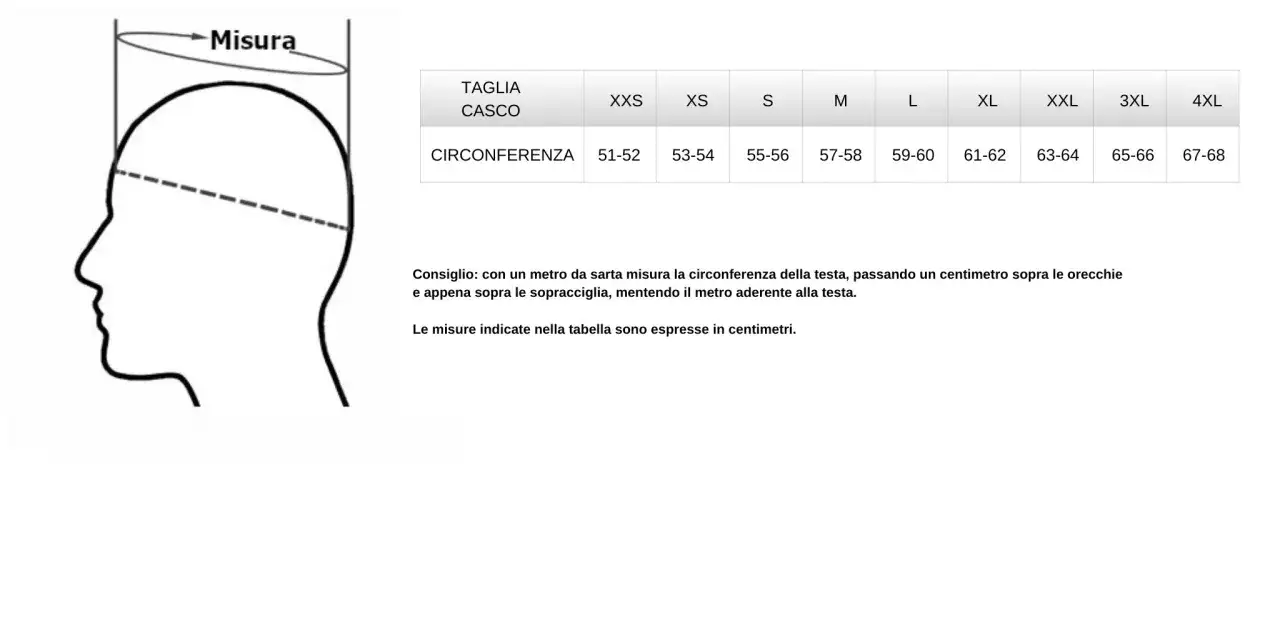 Tabella taglie casco: la misura S corrisponde a 55-56 cm di circonferenza.