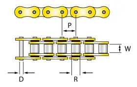 Schema delle misure catena moto: passo (P), larghezza (W), diametro perno (D) e rullino (R).
