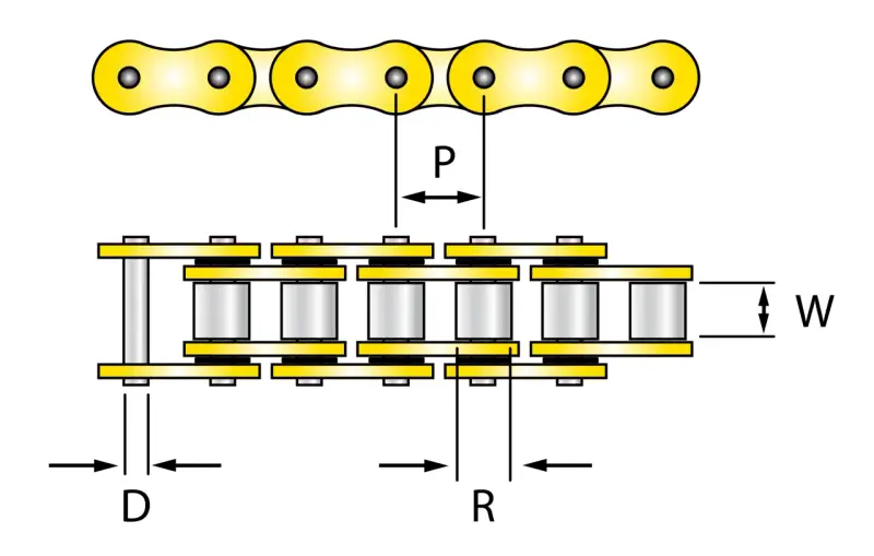 Schema delle misure catena moto: passo (P), larghezza (W), diametro perno (D) e rullino (R).
